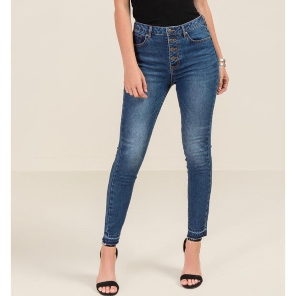 Harper High Rise Button Fly Skinny Jeans Raw Hem